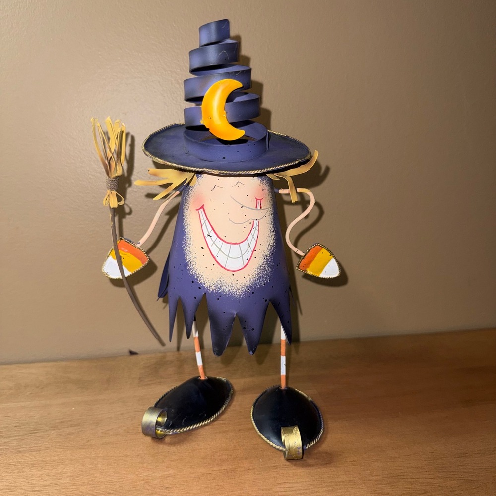 Vintage Halloween Metal Witch Figurine Purple Spiral Hat Candy Corn Hands 10.5"